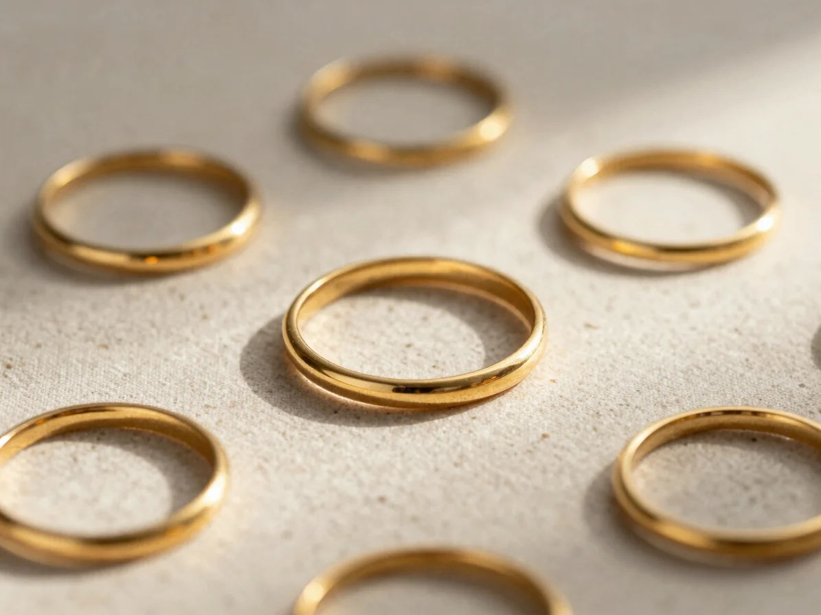 Macro photograph of delicate gold rings on a neutral stone surface, warm morning light, editorial jewelry framing.